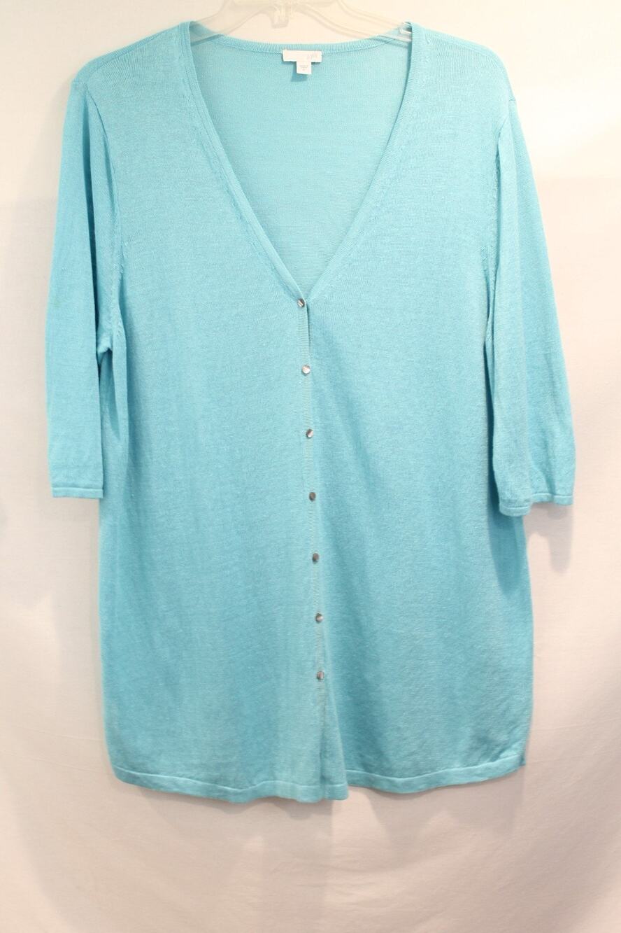J Jill Linen Blend Cardigan Sweater Womens XL Turquoise 3/4 Sleeve Button-Up